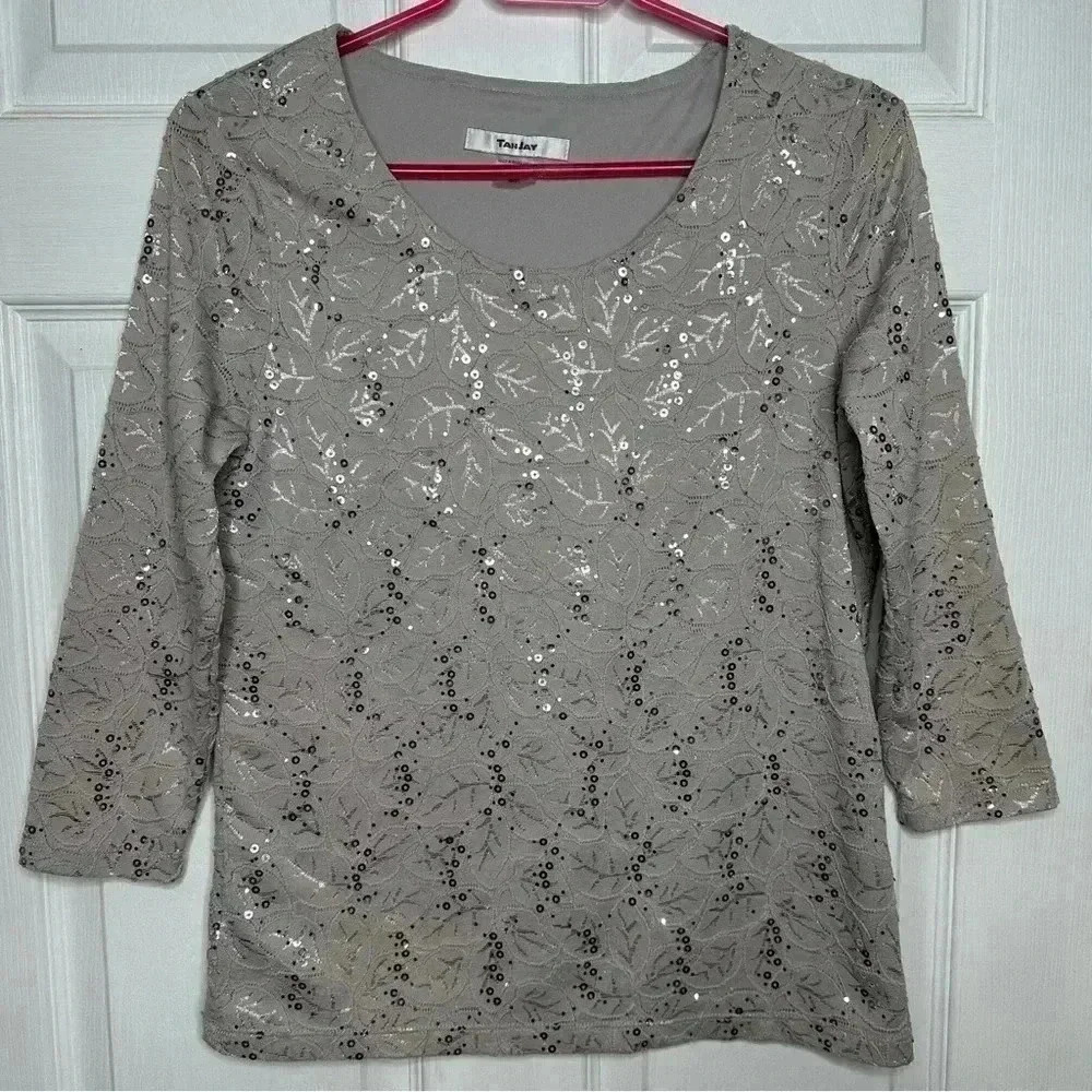 Tanjay Sequined Shirt 3/4 Length Sleeves  Grey Size Small